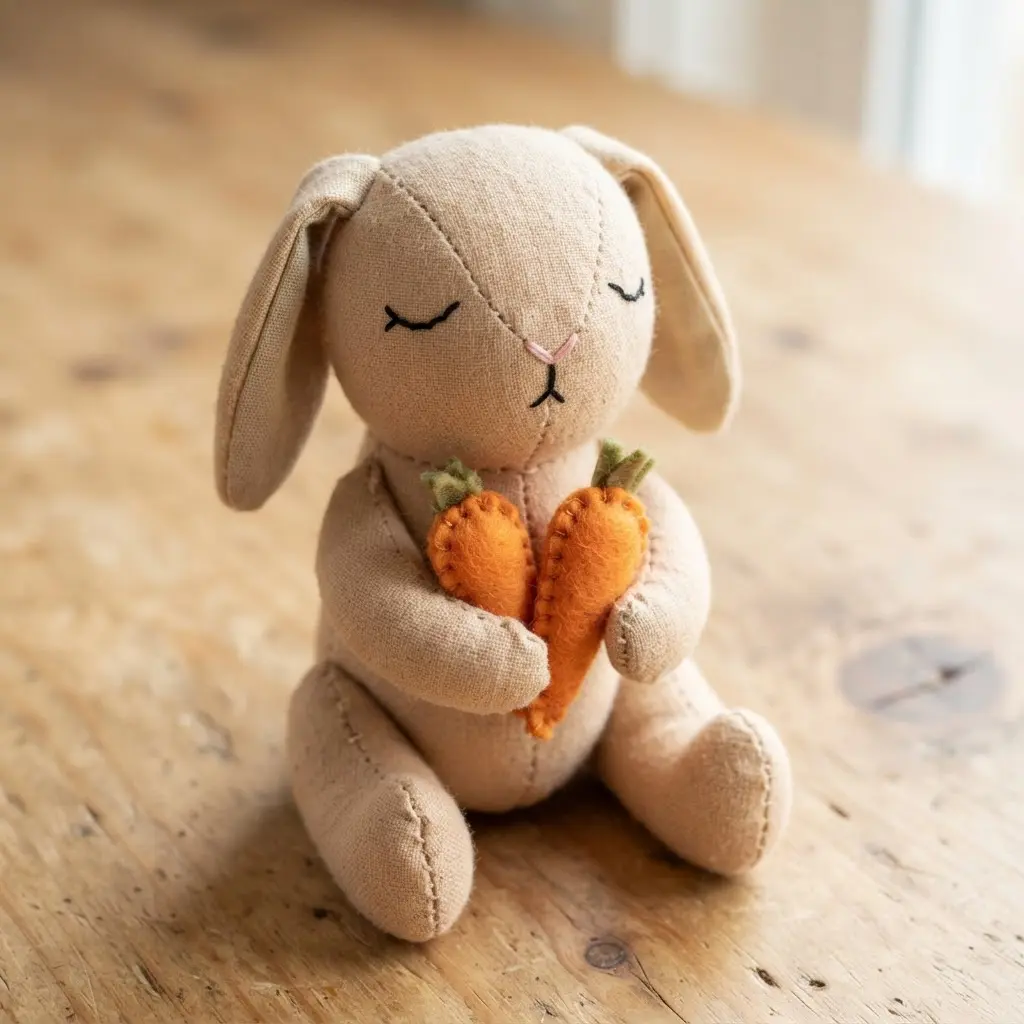 A light brown bunny plush with carefully stitched sleepy eyes, clutching two tiny orange felt carrots in its paws.