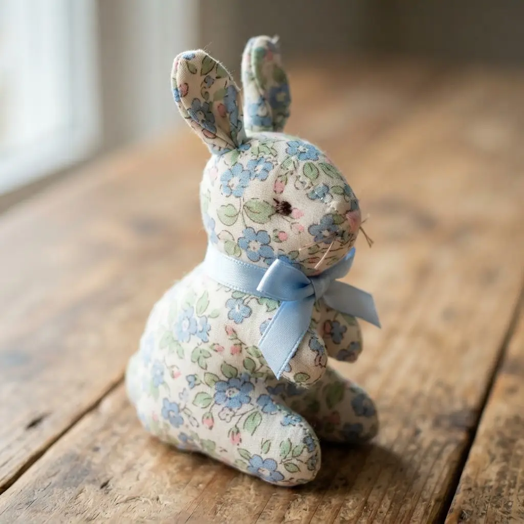 A small bunny sewn from pastel floral cotton fabric, posed with a light blue ribbon tied around its neck.