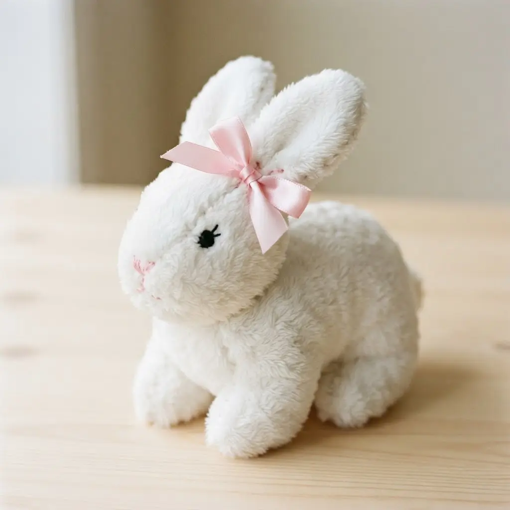A cuddly white bunny plush made from minky fabric, featuring a large pink satin bow between its ears.