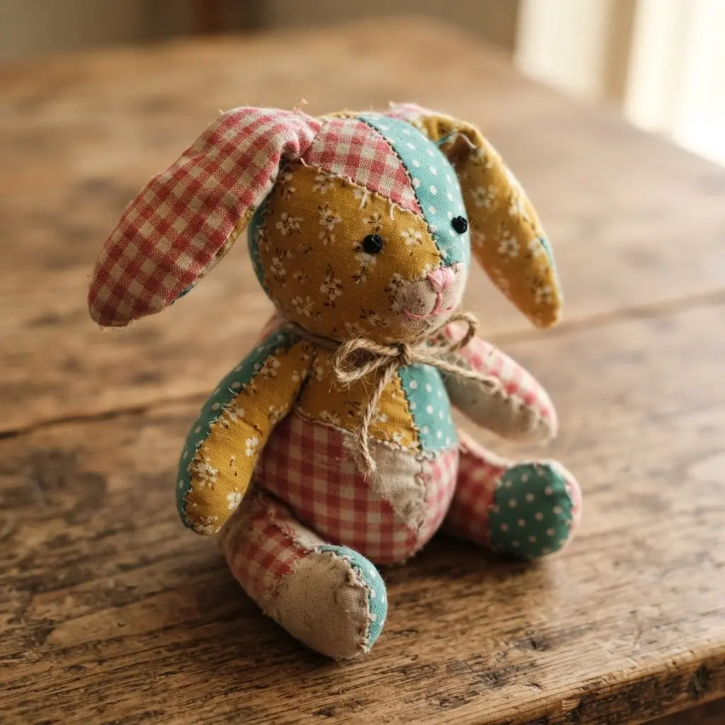 A small, whimsical bunny with a patchwork body made from various printed cotton and linen fabric scraps.