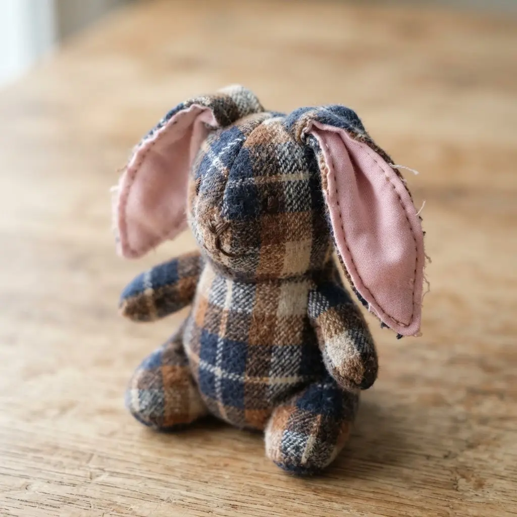 A cozy plaid flannel bunny with long ears that are lined with a soft, contrasting pink cotton fabric.