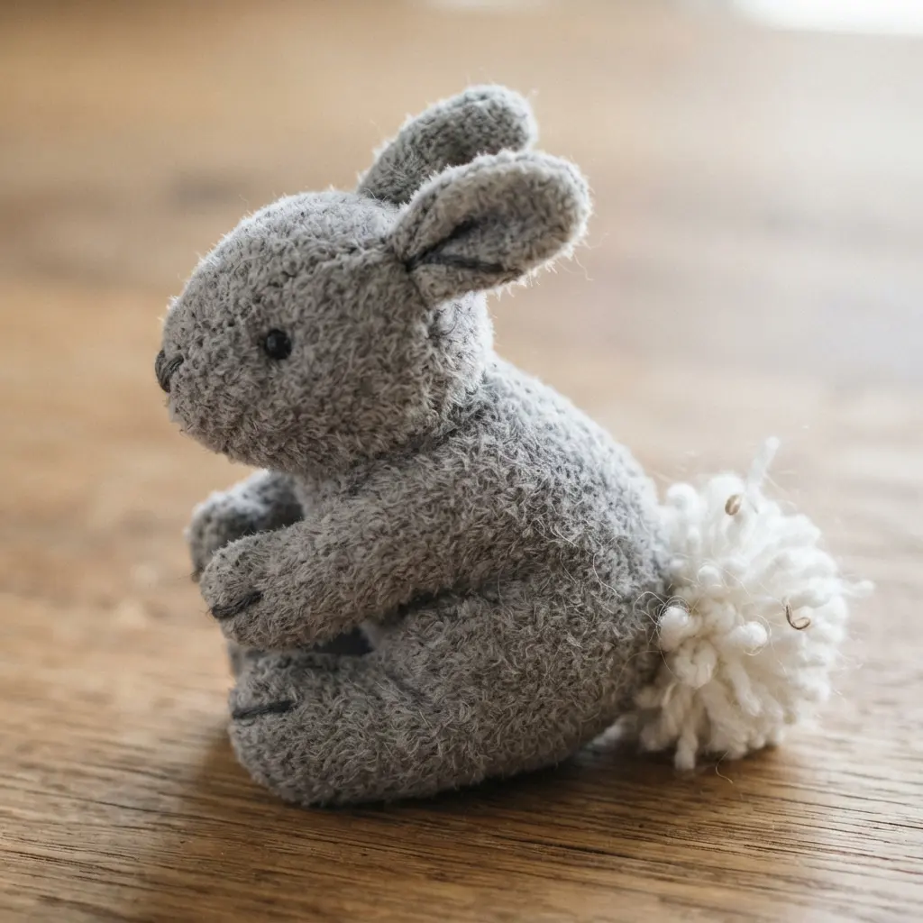 A miniature gray bunny in a sitting pose with a small, white fuzzy pom-pom sewn on as its tail.