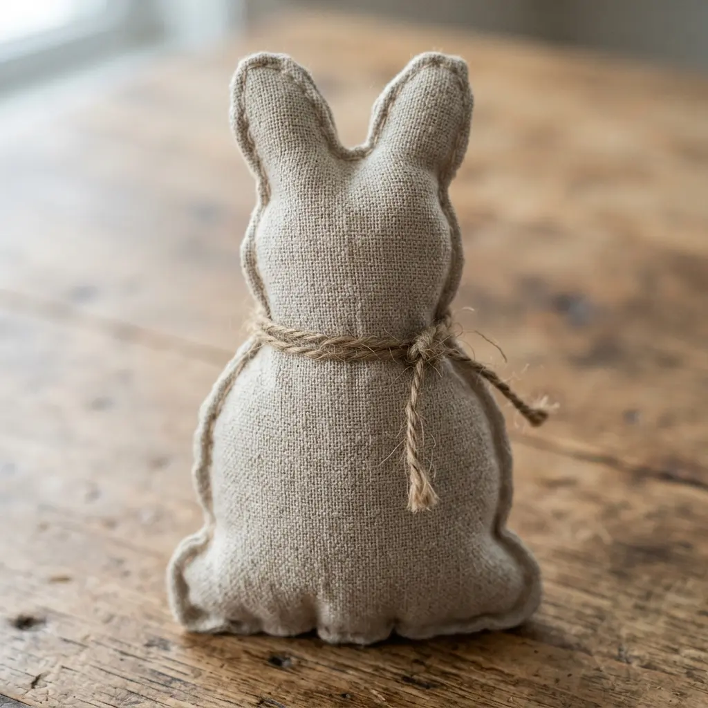 A simple bunny crafted from oatmeal-colored linen, with a single strand of brown twine tied around its neck.