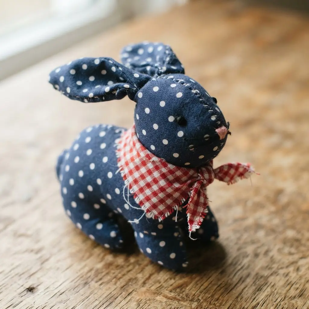 A cheerful bunny made from blue and white polka dot cotton, with a red gingham kerchief tied under its chin.