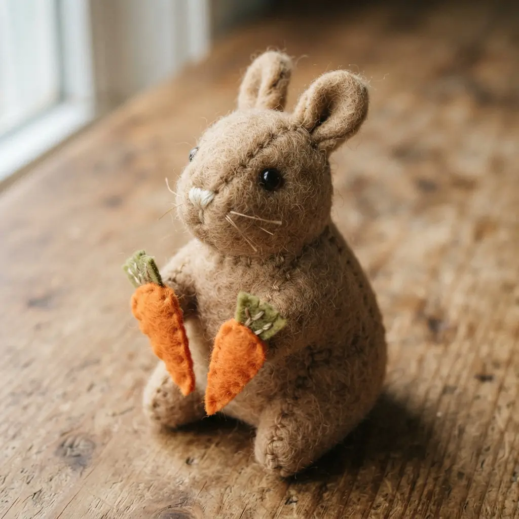 A compact, pocket-sized tan bunny with a felt nose, crafted from a dense wool blend fabric for structure.