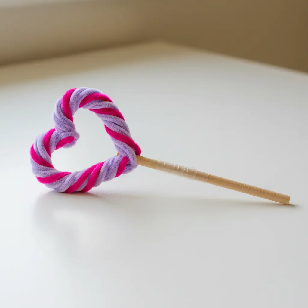A child hand holding a bright heart-shaped bubble wand made from twisted pipe cleaners.