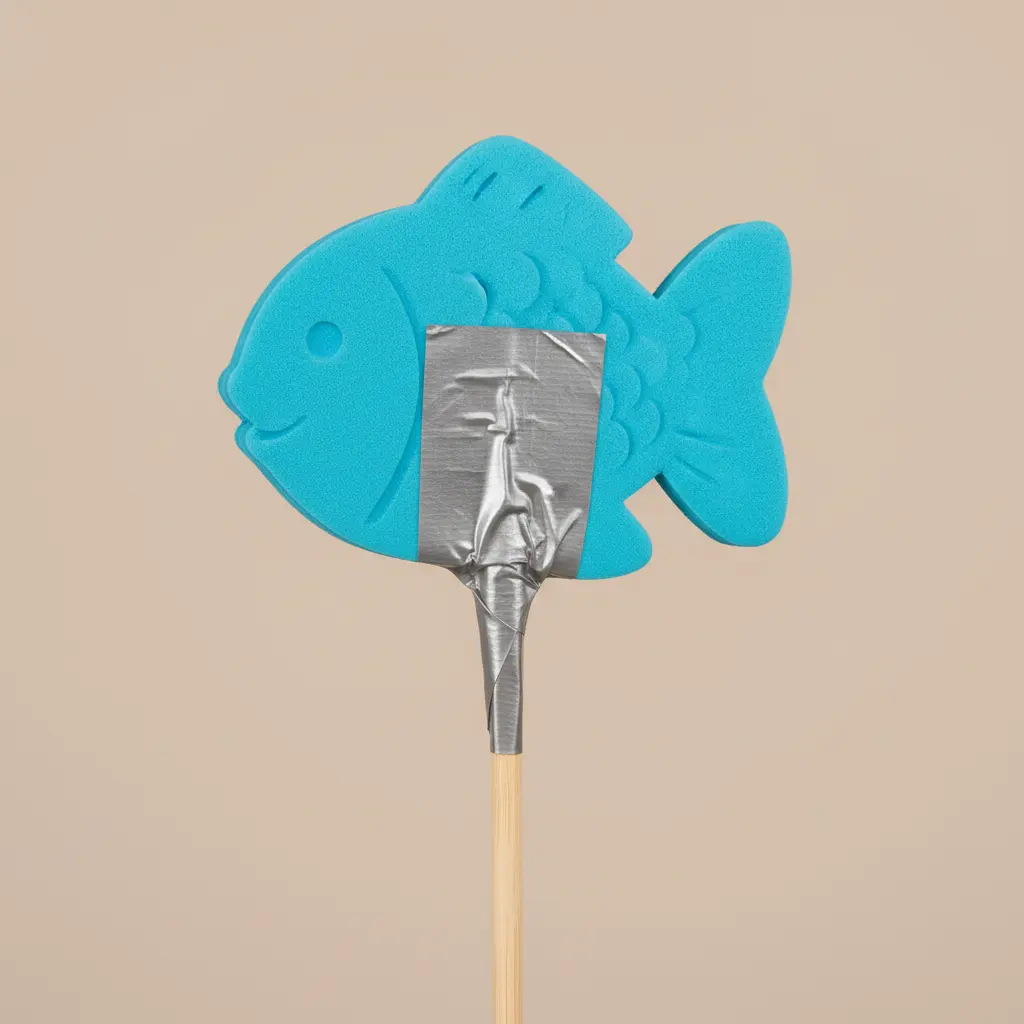 A blue foam sheet cut into a fish shape and attached to a stick to form a themed bubble wand.
