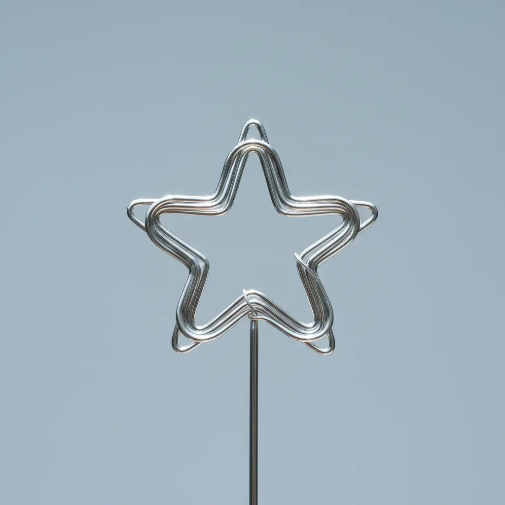 A detailed star-shaped wire bubble wand against a blue sky, ready for dipping.