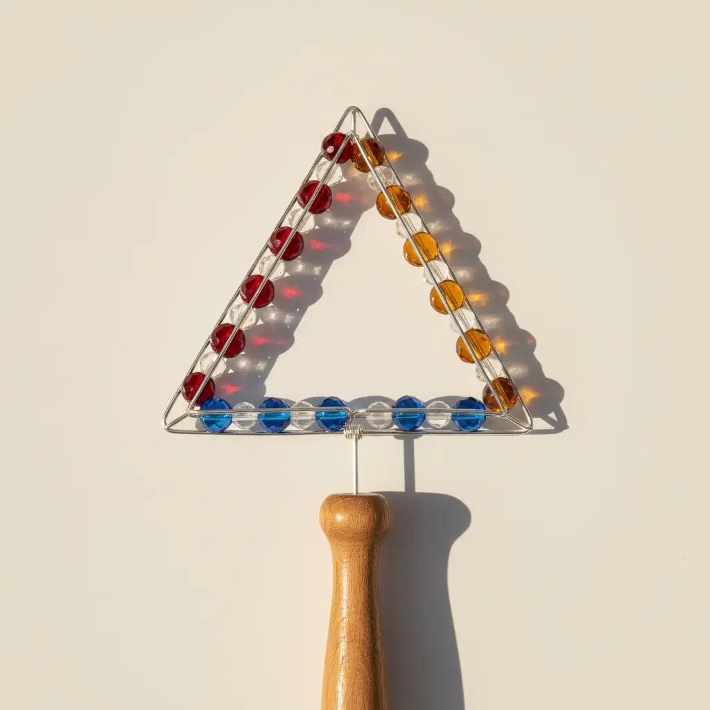 A triangular wire bubble wand with red and blue beads threaded onto its frame.