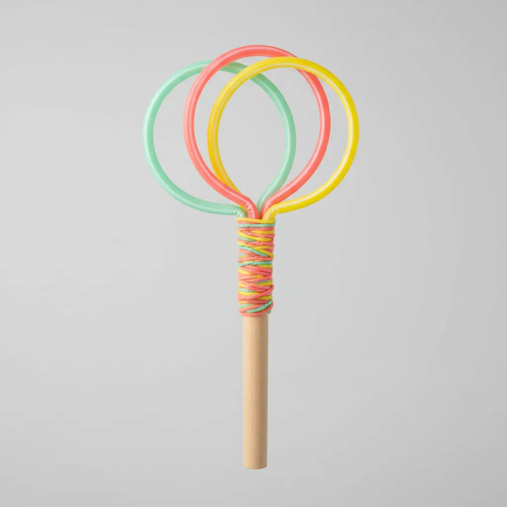 Several colorful plastic straws connected to create a wand with multiple bubble rings.