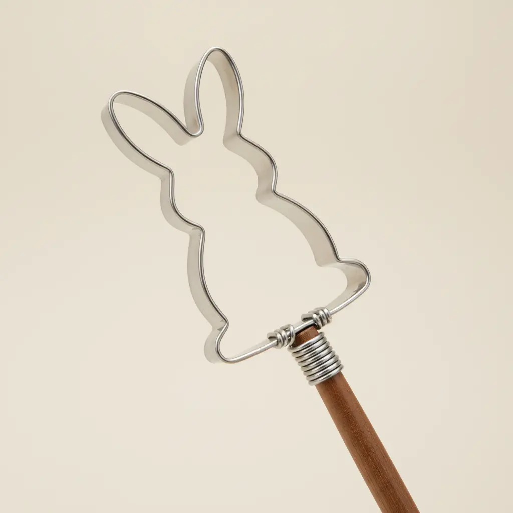 A metal rabbit-shaped cookie cutter attached to a wooden handle for making shaped bubbles.