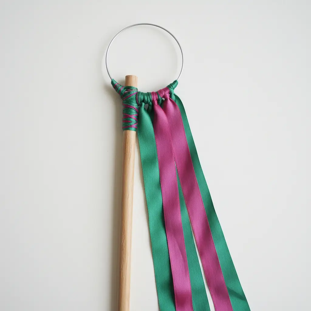 A simple wooden stick wand with a wire loop at the end, adorned with long, colorful ribbons.