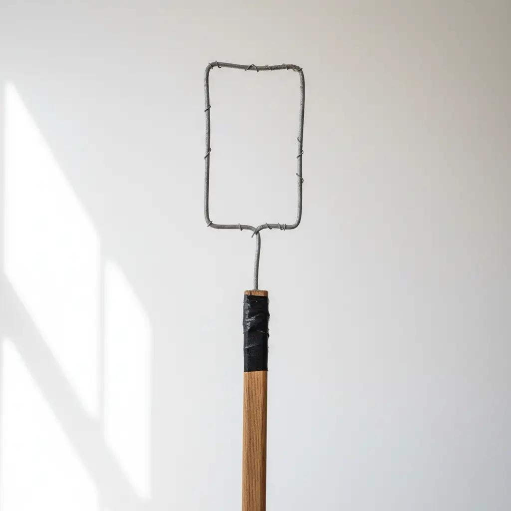 An adult using a giant, rectangular bubble wand formed from an unwound coat hanger.