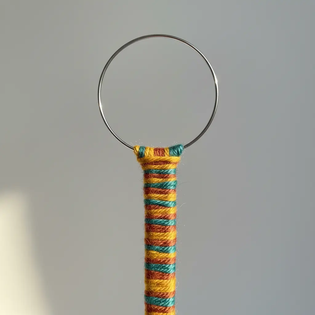 A circular bubble wand where the wire handle is completely covered in woven, multicolored yarn.
