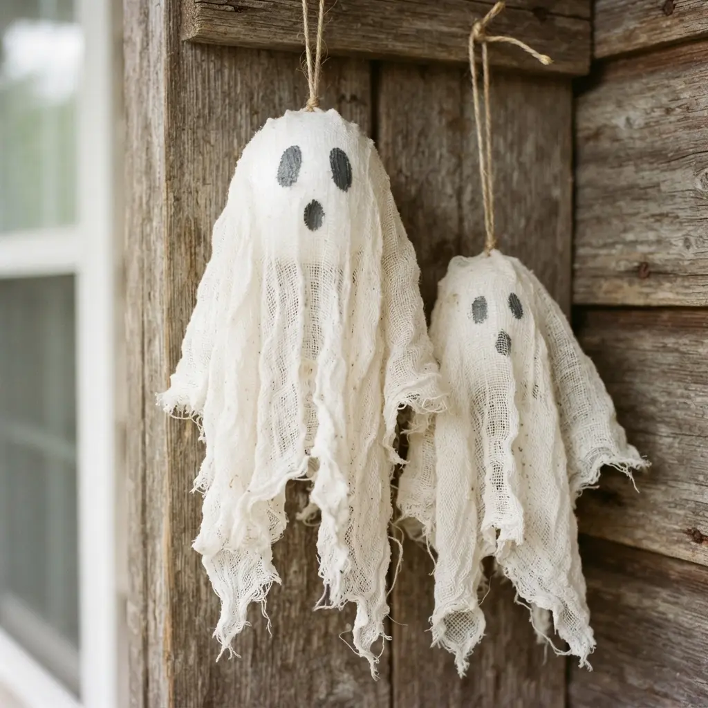 A pair of white cheesecloth ghosts suspended from a dark porch ceiling, creating a floating welcome.