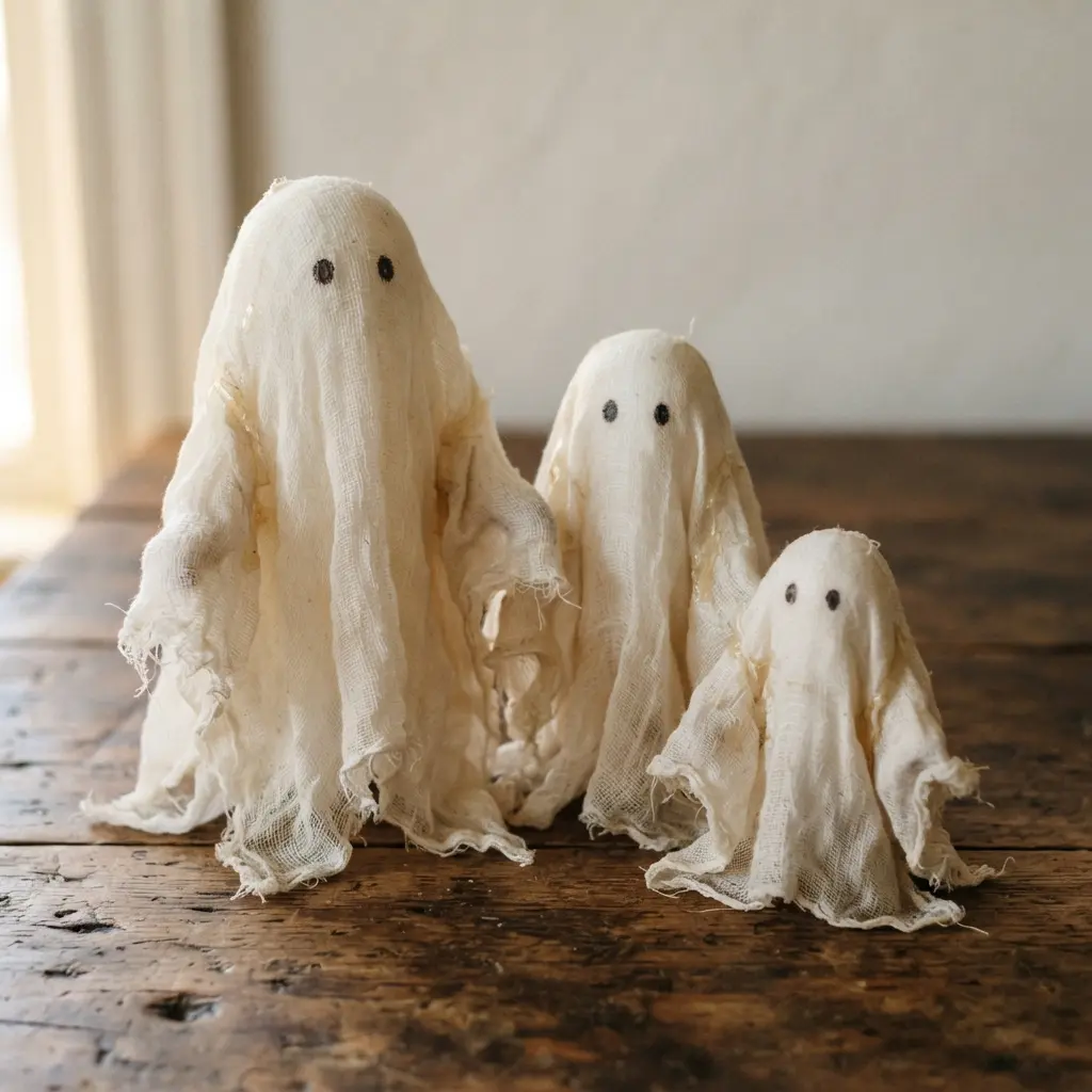 A family of three cheesecloth ghosts in different sizes, clustered together in a dimly lit entryway.