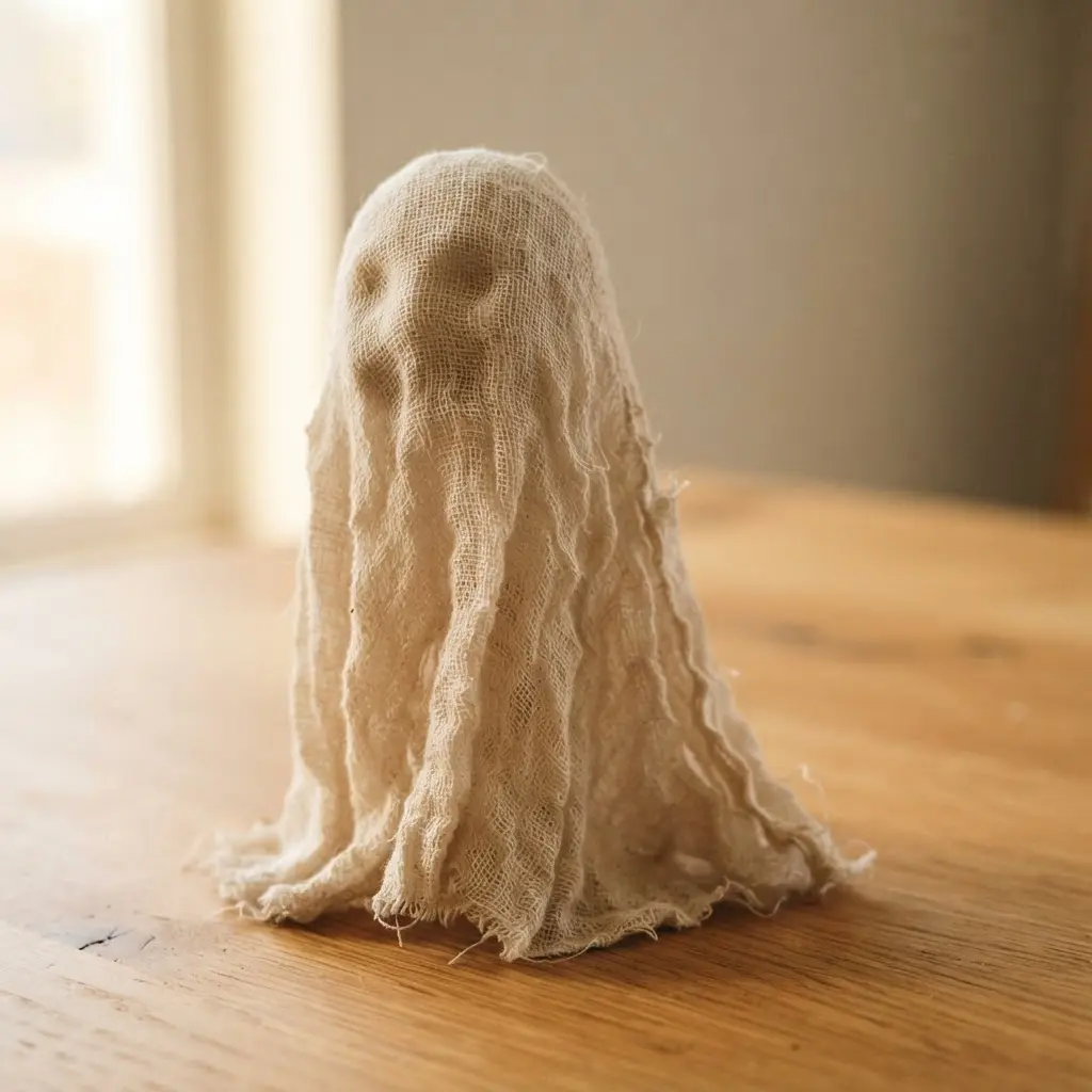 A single, minimalist cheesecloth ghost standing upright on a wooden table as a centerpiece.
