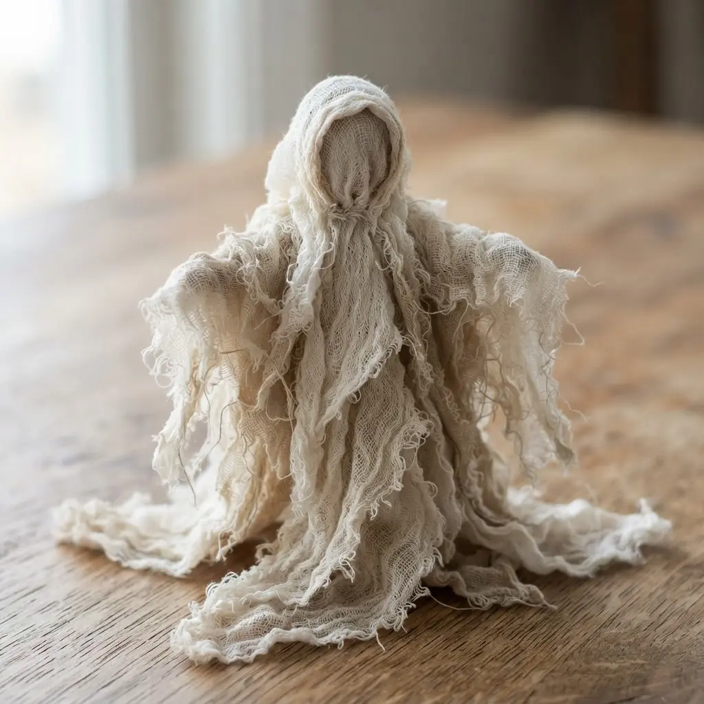 A hanging cheesecloth ghost with multiple torn layers for a deeply textured, aged appearance.