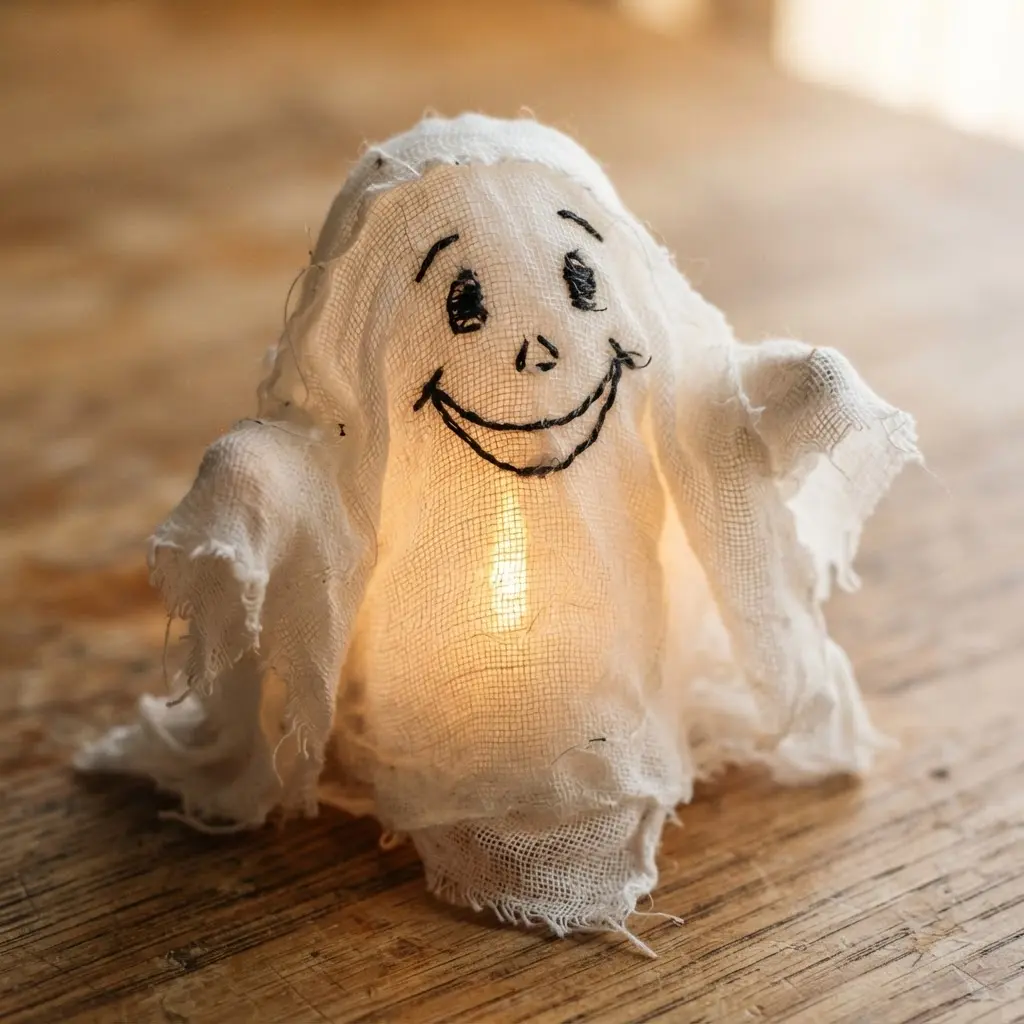 A cheesecloth ghost with a black stitched smile, glowing softly from an LED light placed inside.