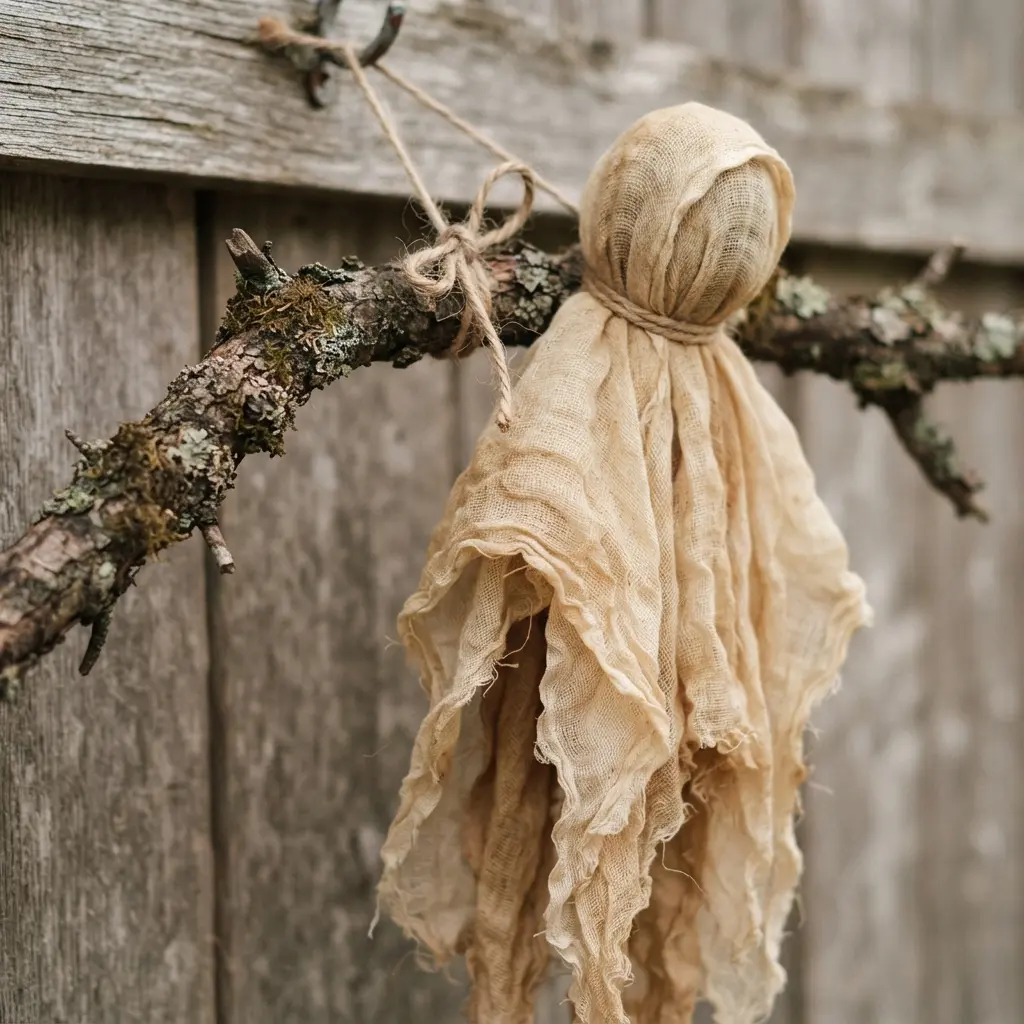 Long strips of cheesecloth draped over a gnarled tree branch to mimic a ghostly form in a garden.