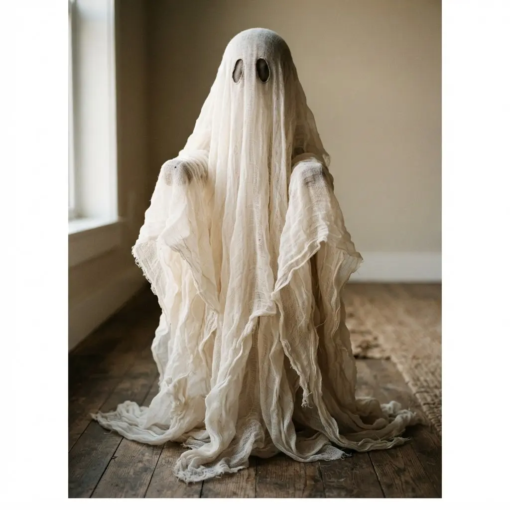 A large, floor-standing cheesecloth ghost with a dramatic, flowing shape in a dark room corner.