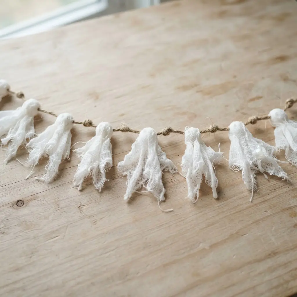 A decorative garland made of several tiny, stiffened cheesecloth ghosts on a string.
