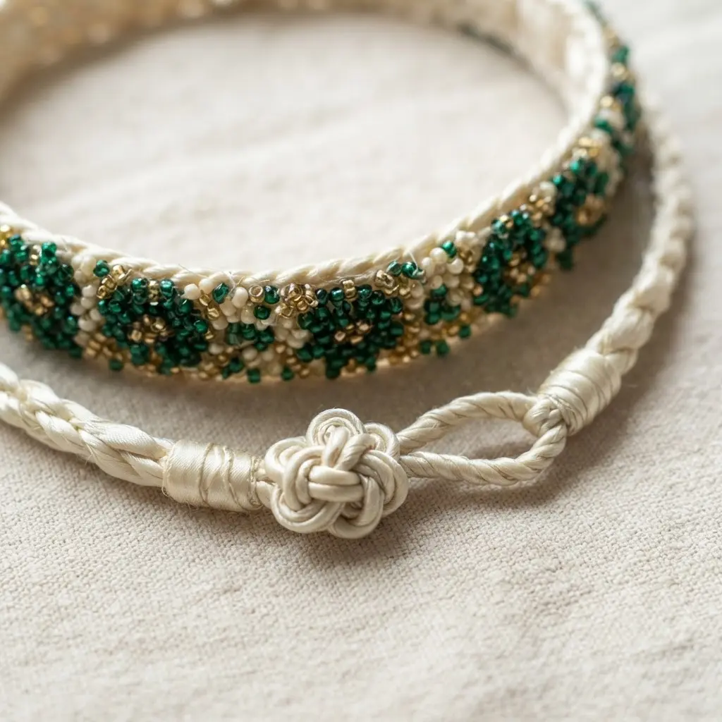 A detailed choker necklace with a silk cord base, delicate seed beadwork, and an ornate silk frog button closure.