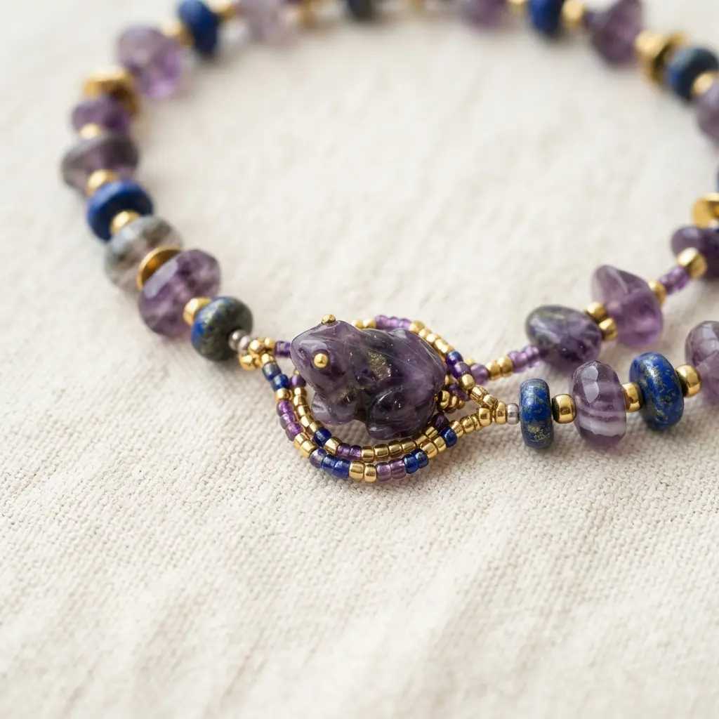 A colorful beaded necklace featuring various gemstones, designed with a frog button that functions as a decorative toggle clasp.