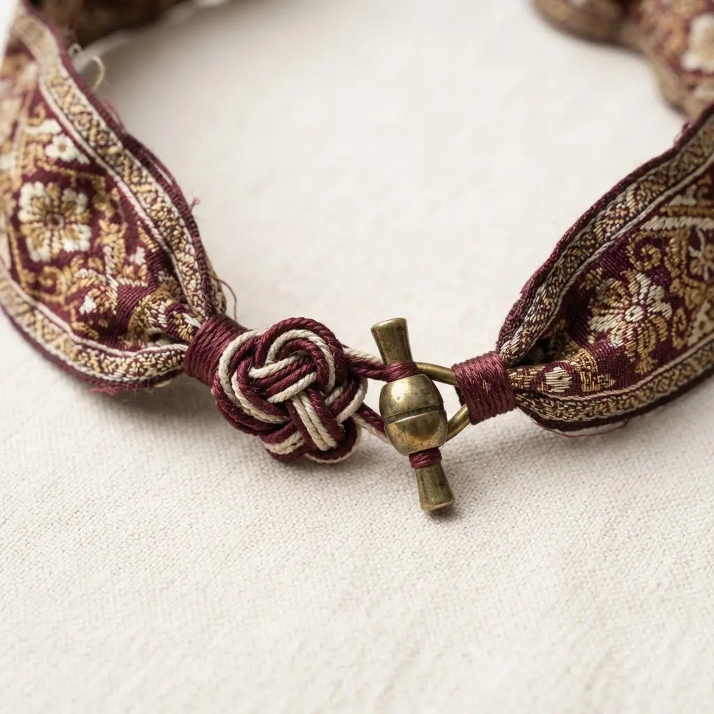 An elegant wide necklace made from patterned brocade ribbon, closed with a detailed frog button toggle clasp.