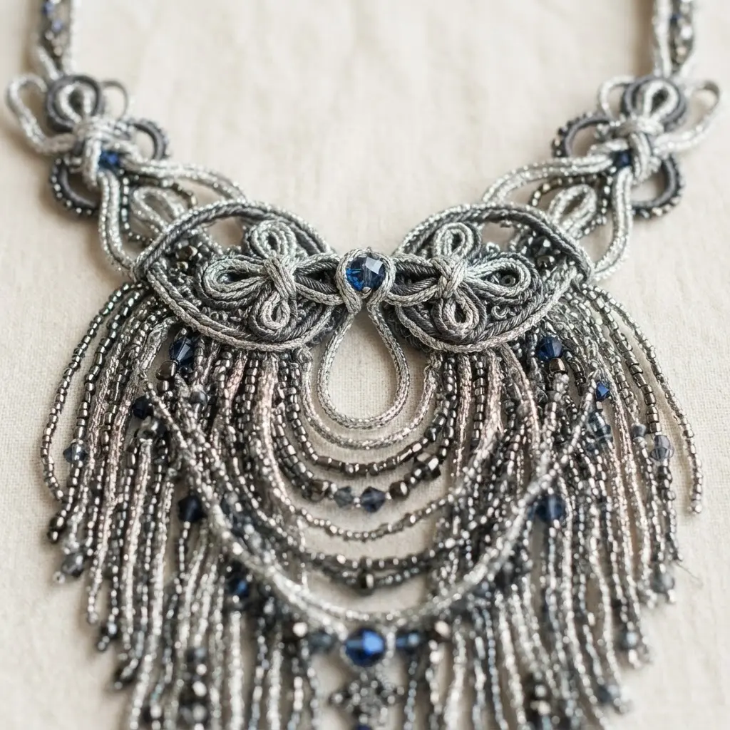 A statement chandelier necklace featuring shimmering metallic thread strands and a central, ornate frog button closure.
