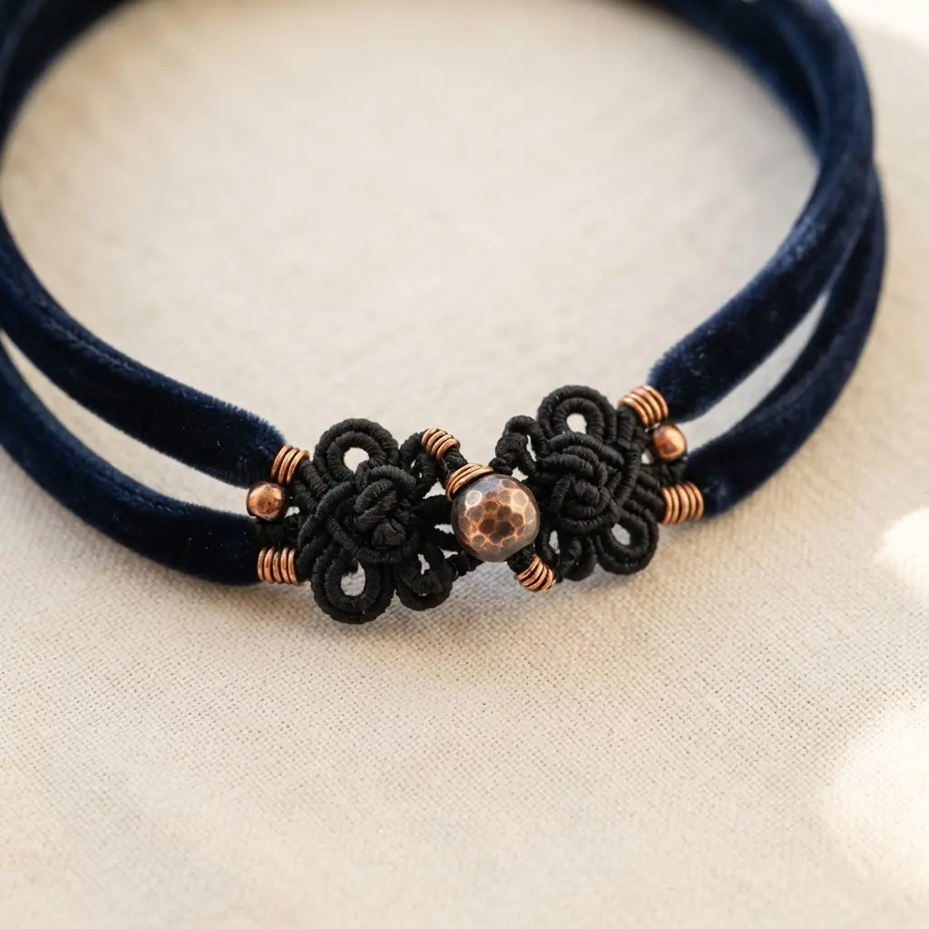 A deep blue velvet cord necklace with a single, intricate frog button closure positioned as the front focal point.