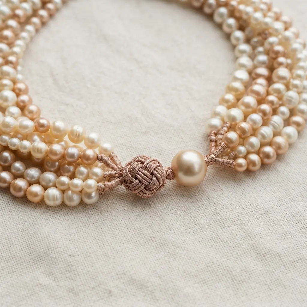 A luxurious collar necklace made from several strands of pearls, gathered and fastened with a silk frog button closure.