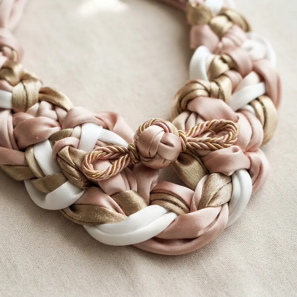 A bold, sculptural bib necklace constructed from wide satin strips, with knot details and a large frog button at the center.