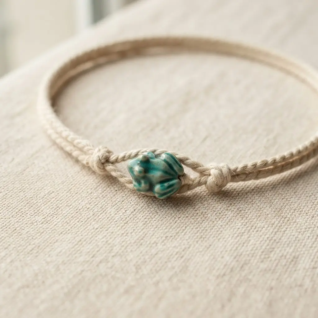 A minimalist choker made from natural cotton cord, fastened and decorated with a single, small frog button.