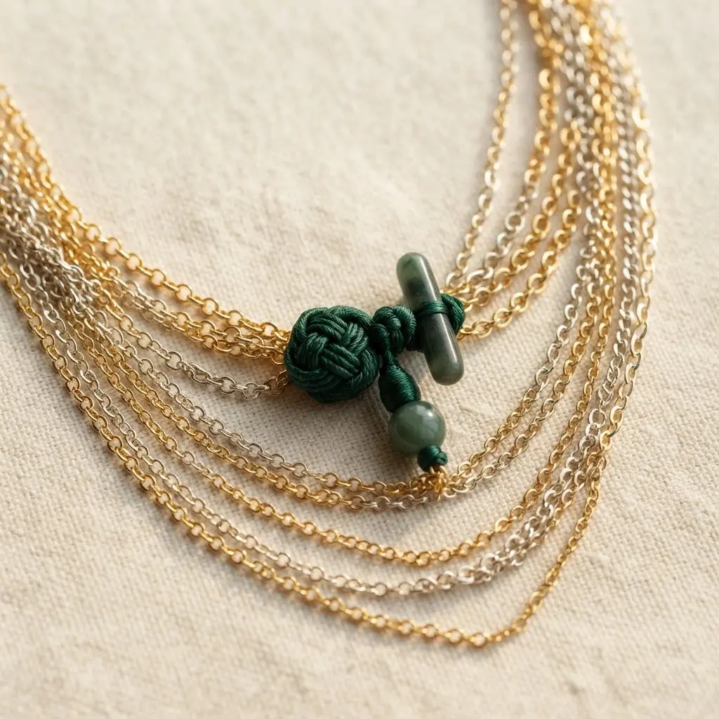 A modern necklace of layered fine chains, seamlessly integrating a silk-wrapped frog button as part of its length.
