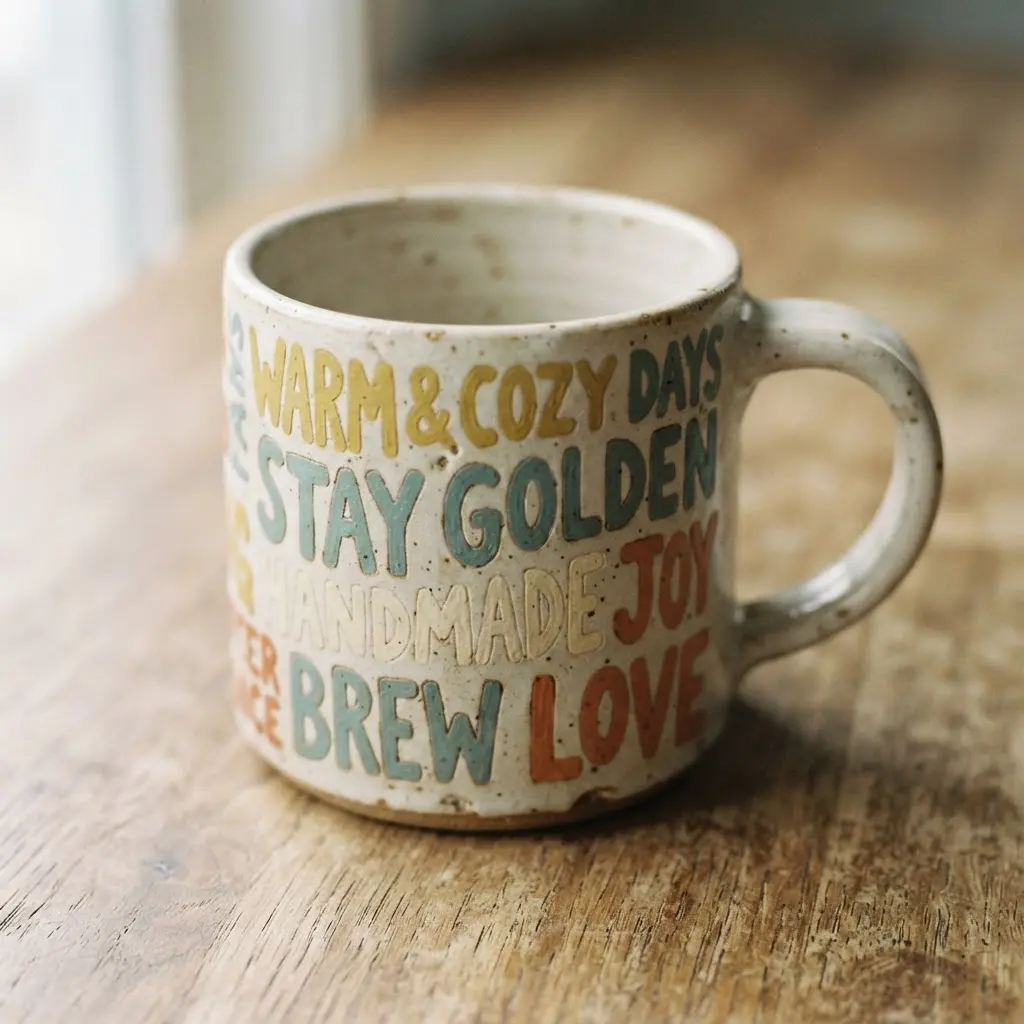 Ceramic mug with a retro typography design wrapping around its surface spelling a state name.