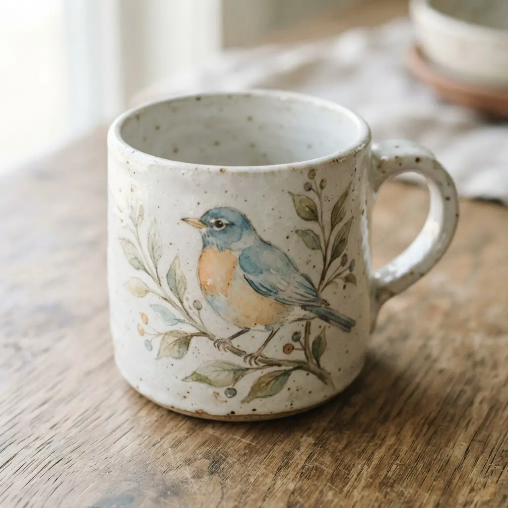 A delicate watercolor illustration of an official state bird painted on a plain mug.
