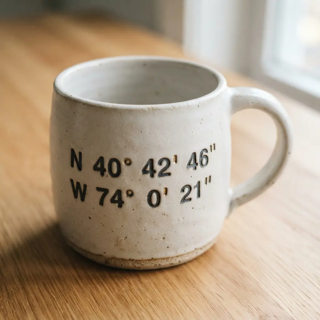 Minimalist text showing geographic coordinates printed neatly on a ceramic coffee mug.