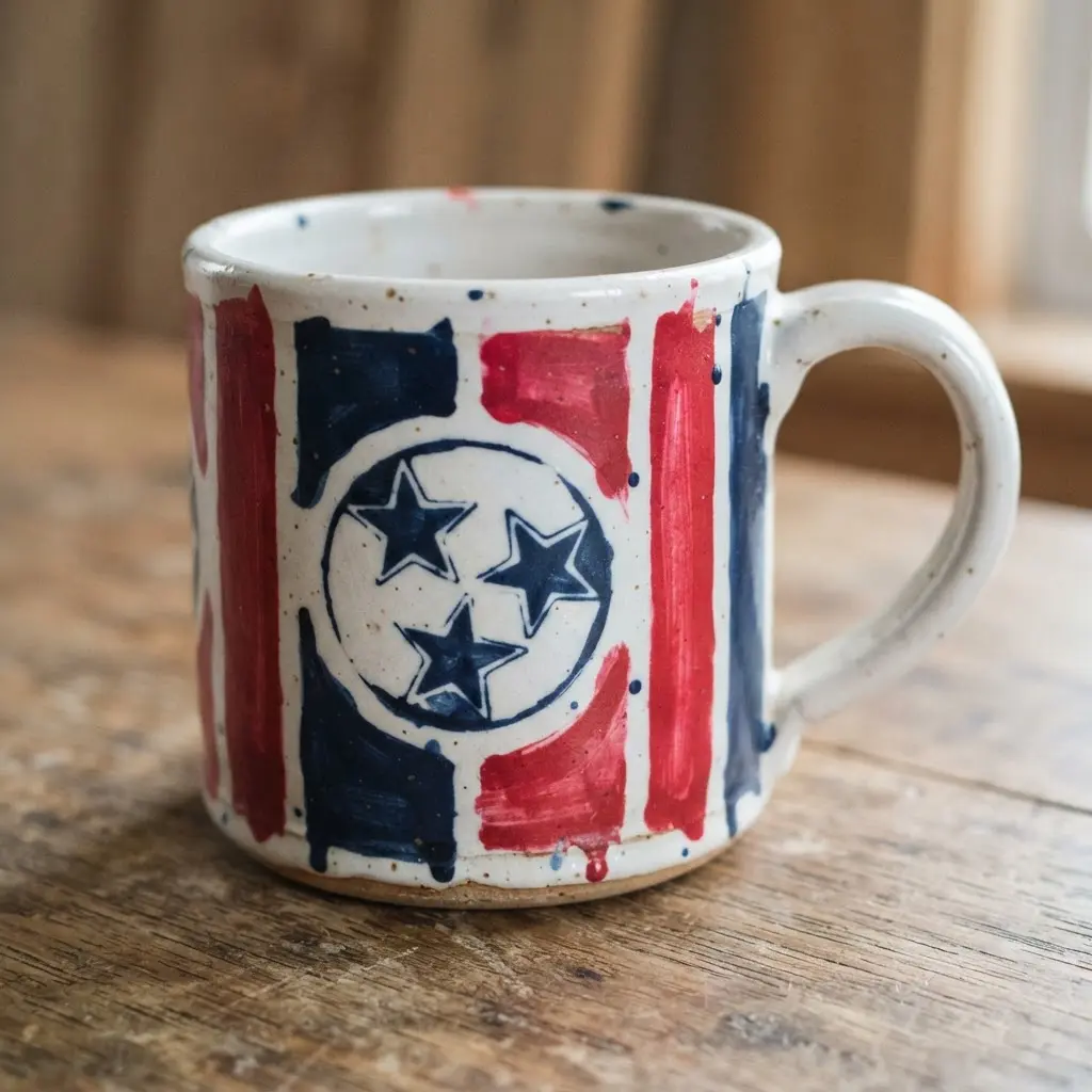 Ceramic mug featuring sharp, taped-off geometric patterns that replicate a state flag design.