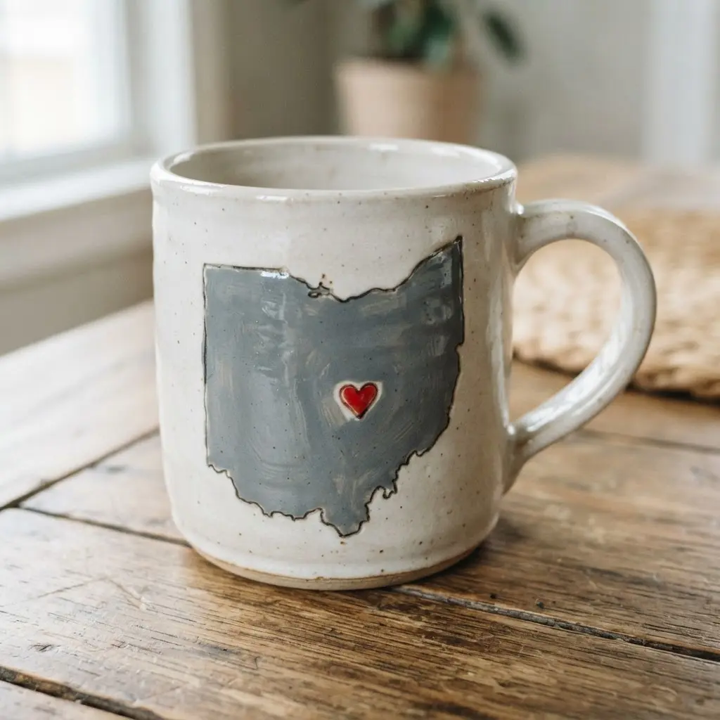 A ceramic mug with a state map outline and a small heart placed over a major city.