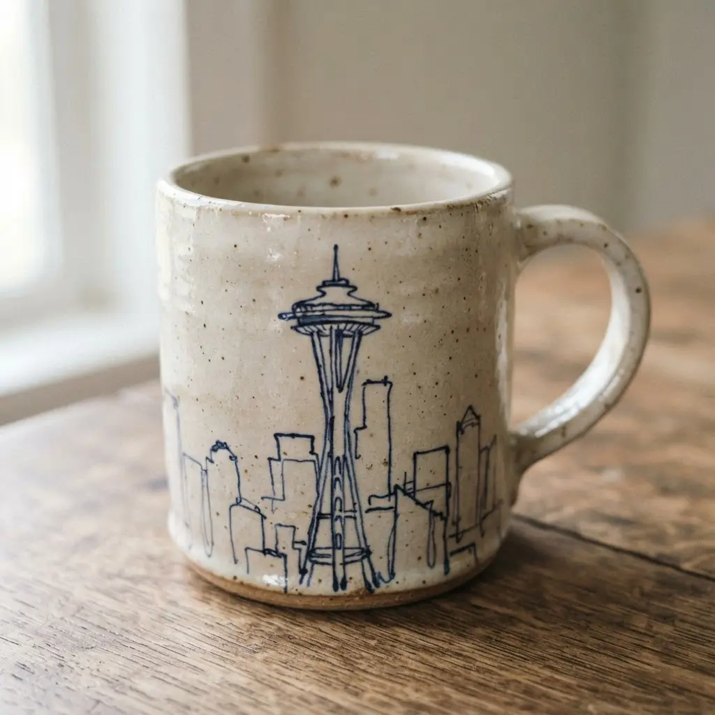 A one-line continuous sketch of an iconic state landmark decorating a coffee mug.