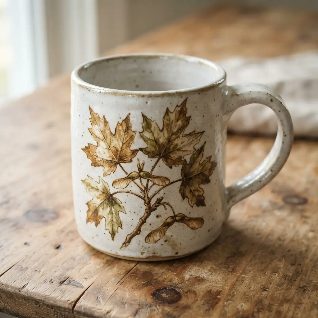 A vintage botanical illustration of an official state tree with labeled details on a mug.