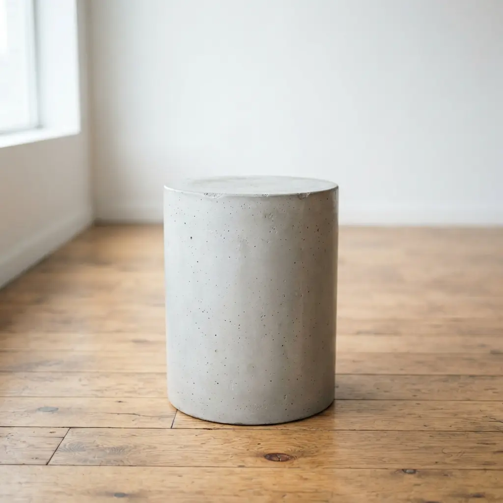 A minimalist concrete bucket stool with a perfectly smooth, light grey finish on a white background.
