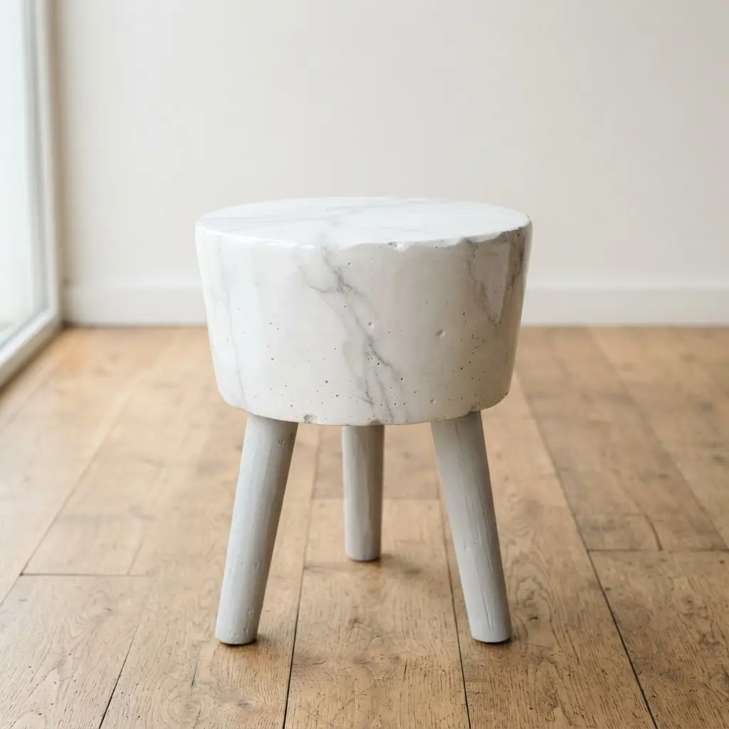 A concrete bucket stool with a high-gloss polished finish that mimics the sheen of natural marble.
