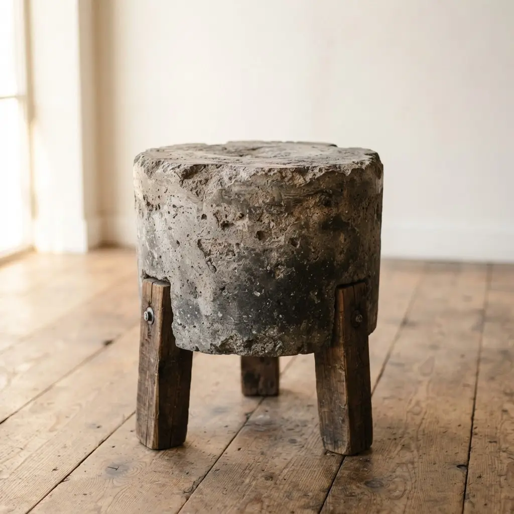 A rustic concrete bucket stool with a distressed, uneven surface and visible texture variations.