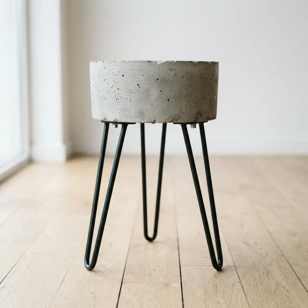 A cylindrical concrete bucket stool elevated by three slender black metal hairpin legs.
