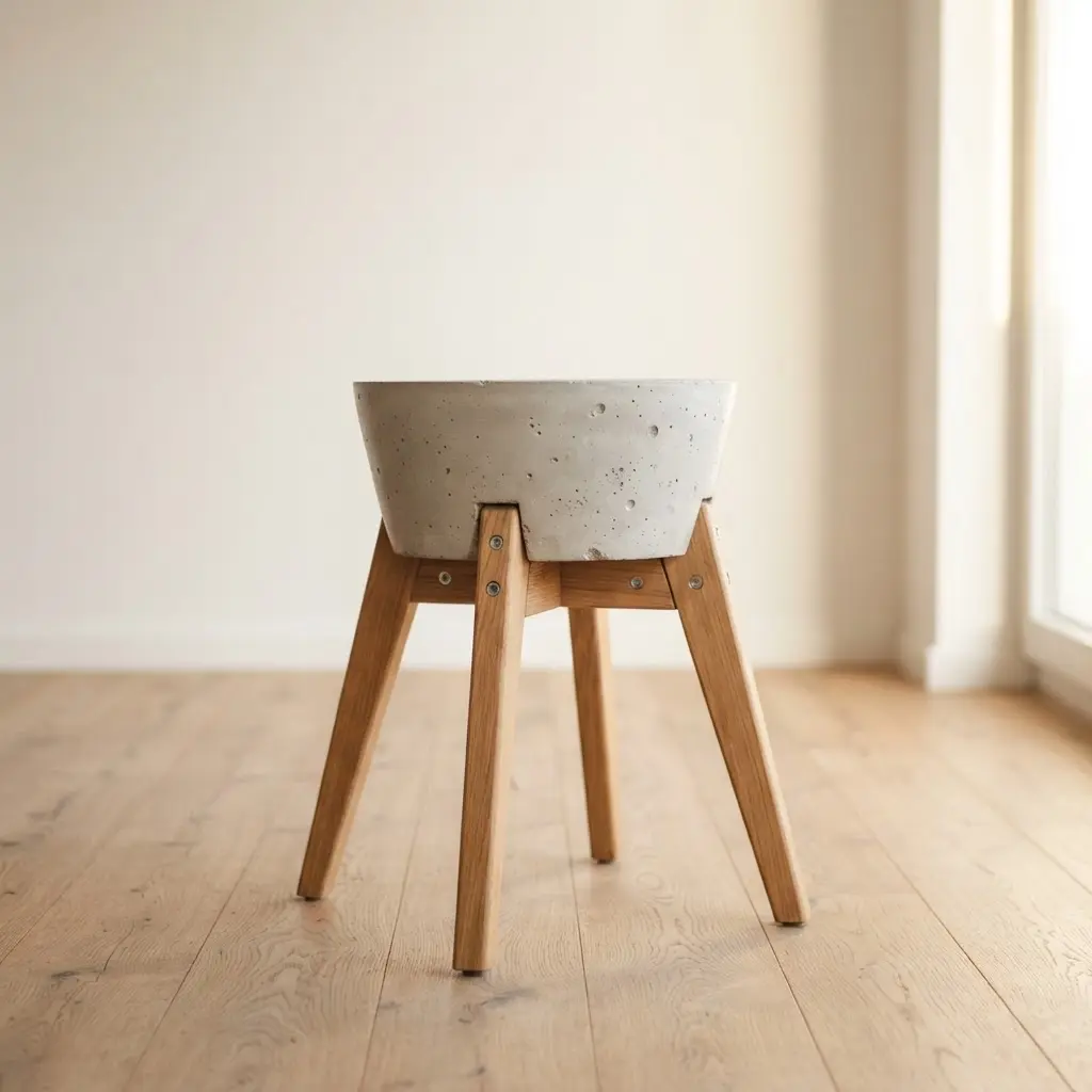 A smooth concrete bucket stool attached to four tapered wooden legs with a light finish.