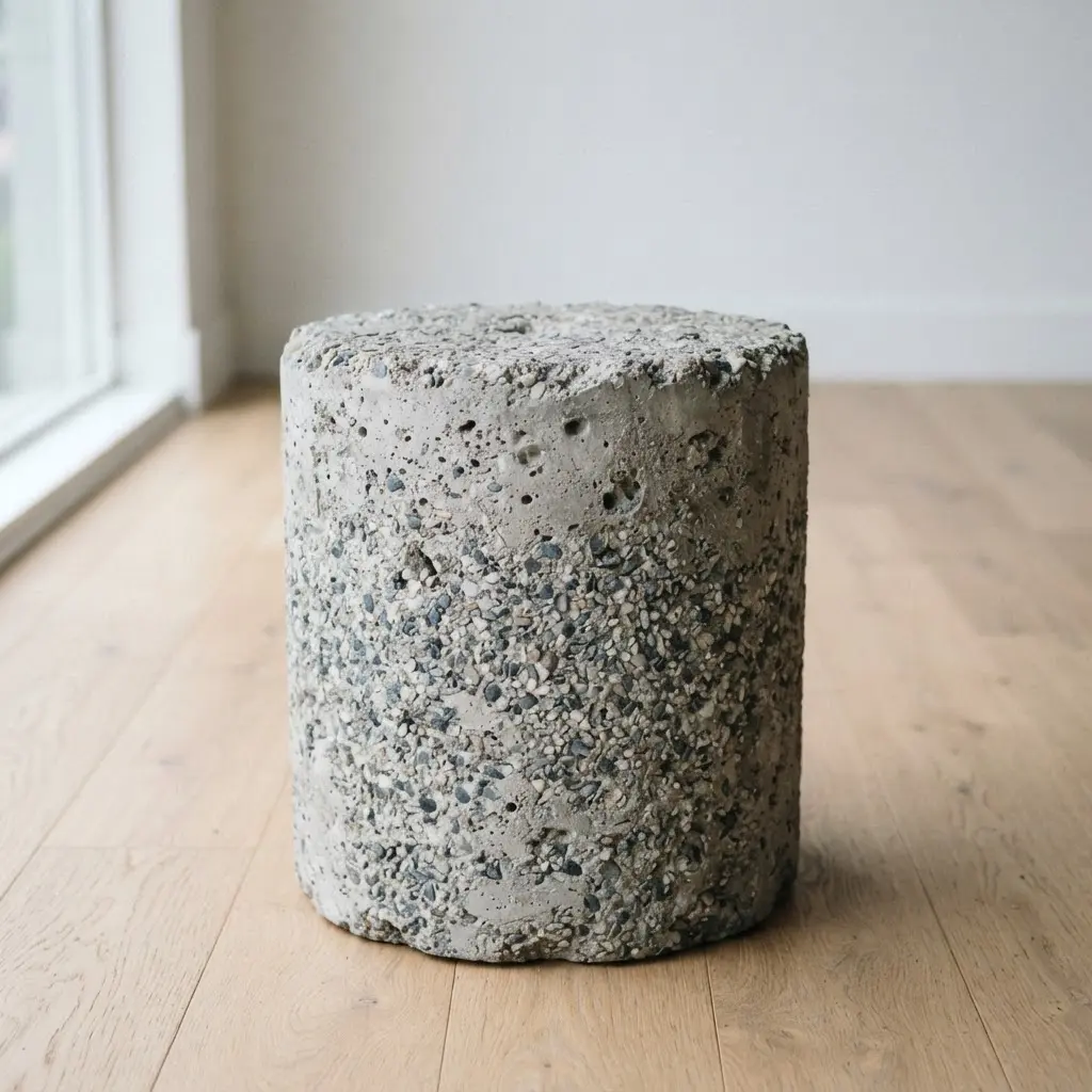 A concrete bucket stool with an exposed aggregate finish showing small stones and a rough texture.