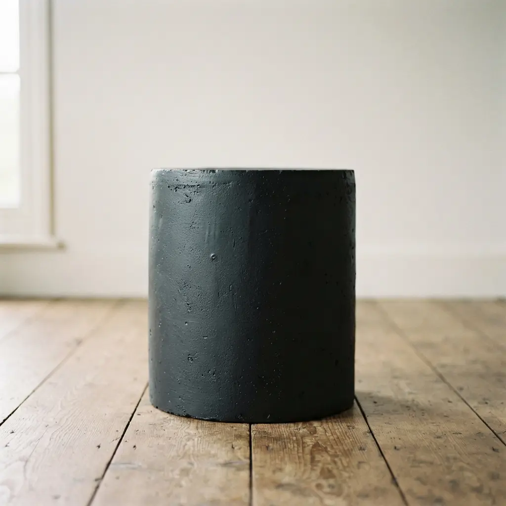A concrete bucket stool with a uniform matte black paint finish and a subtle textured surface.