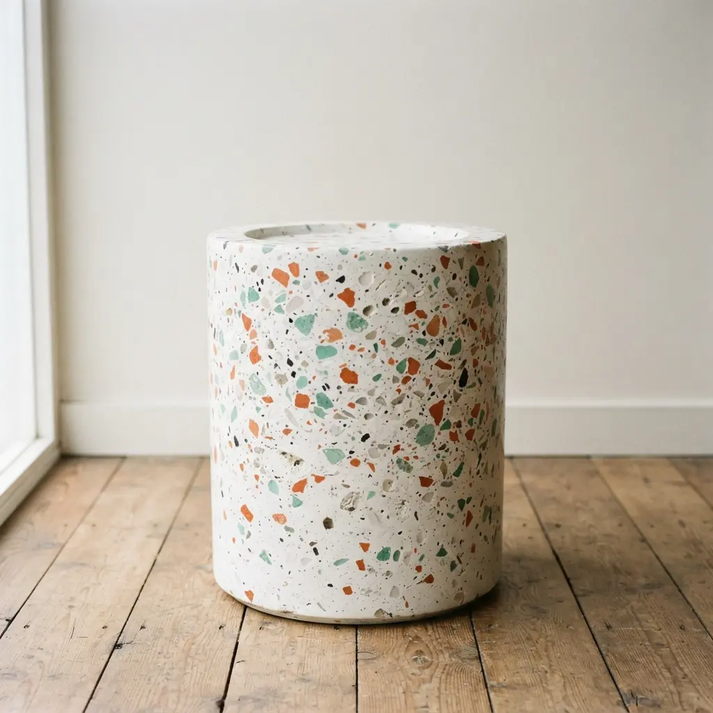 A polished concrete bucket stool with a terrazzo pattern featuring small, colorful stone and glass chips.